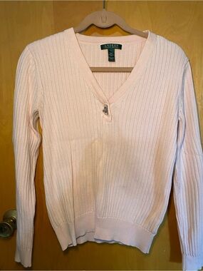 Ralph Lauren Pale Pink Ribbed V-Neck Sweater with Hardware